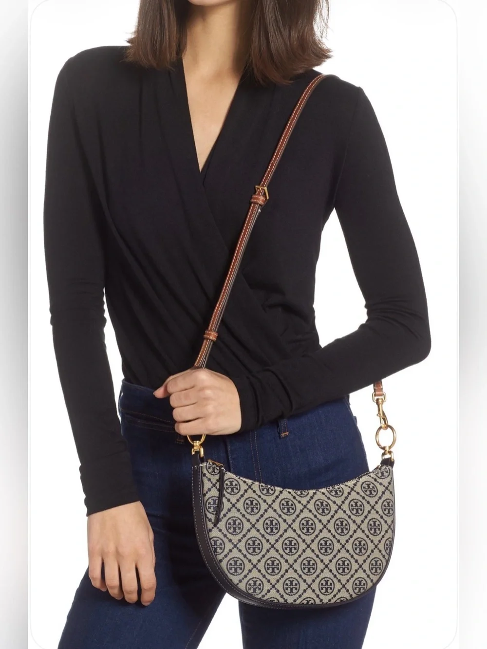 Tory Burch Navy Blue T Monogram Jacquard Mini Curved Hobo Bag